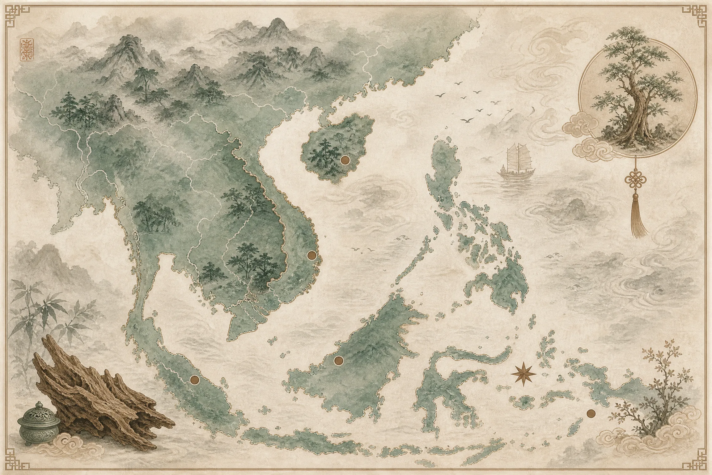 水墨风格的亚洲沉香产区地图﻿，标注海南、芽庄、惠安、星洲等结香产地