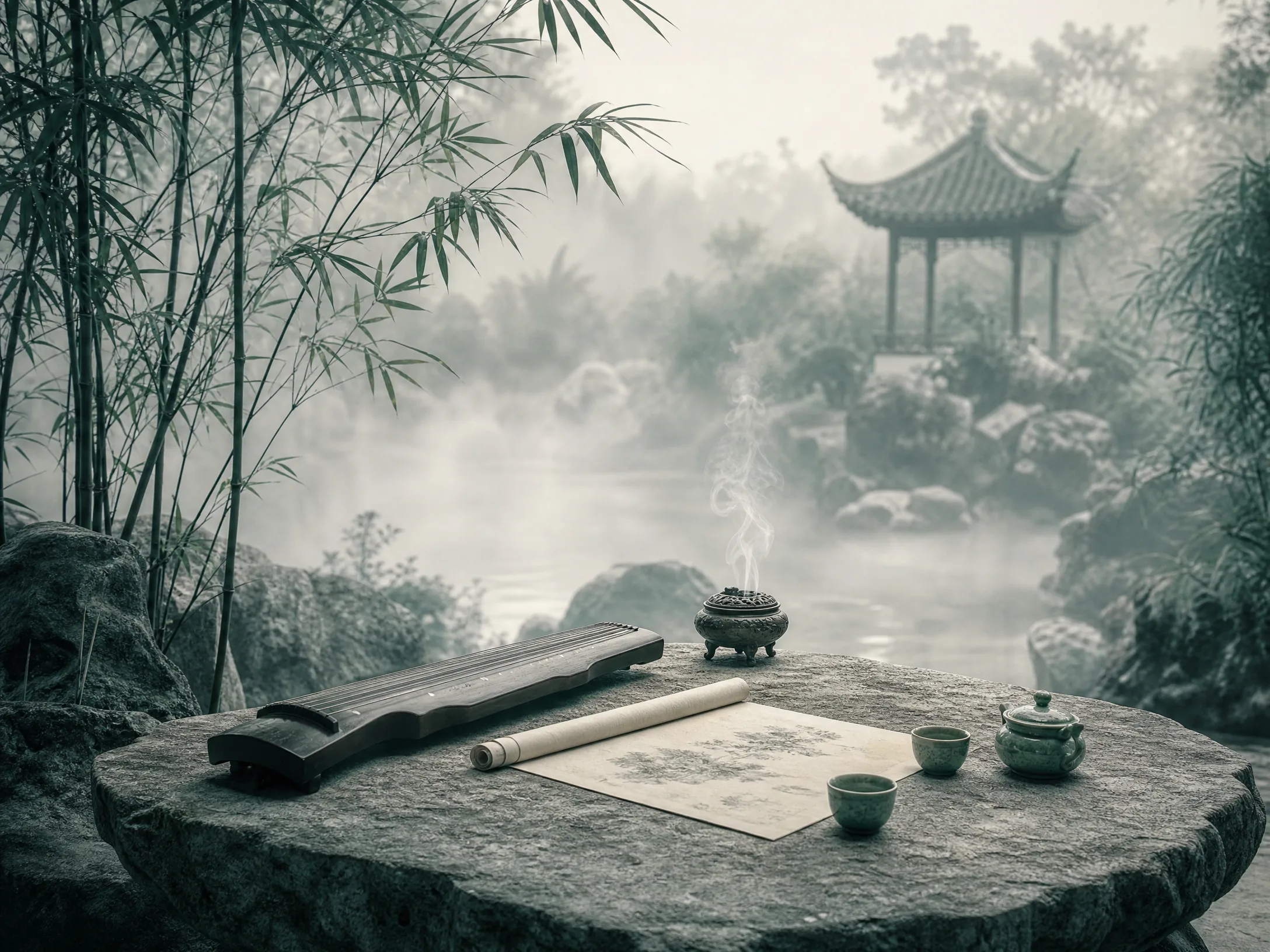 庭院雅集，石桌上陈设香炉、古​琴与茶盏，四周竹﻿影薄雾